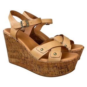 KORK-EASE Light Tan Leather & Cork Platform Wedge Sandals